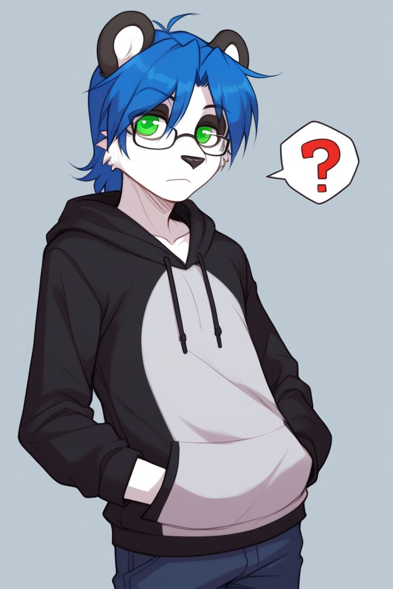  ,score_9, score_8_up, score_7_up, score_6_up, source_anime,source_furry, ethersaga style , by ethersaga ,white skin esether, white skin , panda boy , glasses ,pointy ears, green eyes, s, 1boy, blue hair , down ears , hand in pocket, furry male, spot in eye , looking at viewer, hoodie, confused, ??? ,simple background, eyewear , light smile,