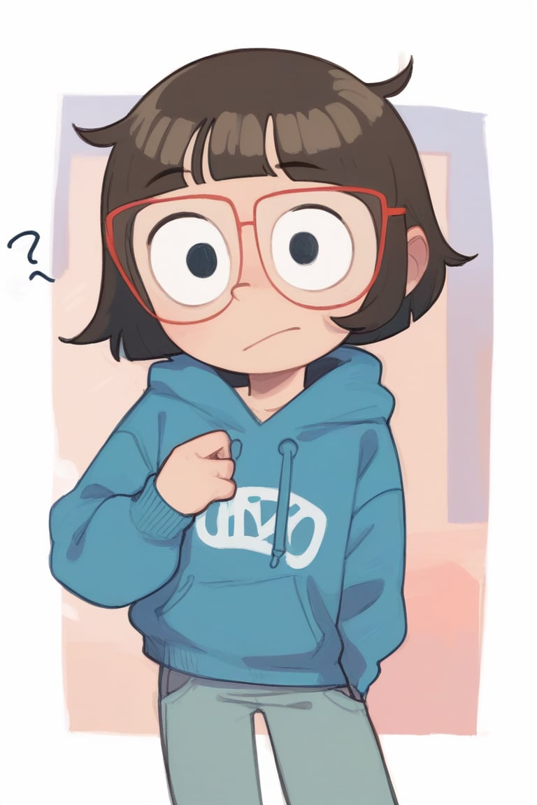 score_7_up, score_6_up, Chloe ,Bob Cut , Red Glasses   ,blue hoodie, looking at viewer,  confused, pants , smile , toon \(style\) ,solo , possummach

