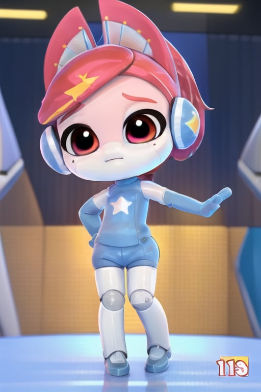 masterpiece ,chibi,ai_one, 1 girl, red hair, animal ears, star (symbol), red eyes, headphones  ponytail,blue  body suit,  sleeveless,blue shorts,   white legs,  mole under eye,android, joints