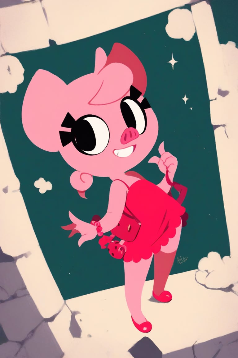  ,score_9, score_8_up, score_7_up, score_6_up,petmina, 1 pig girl,  red dress, red top ,smile , standing