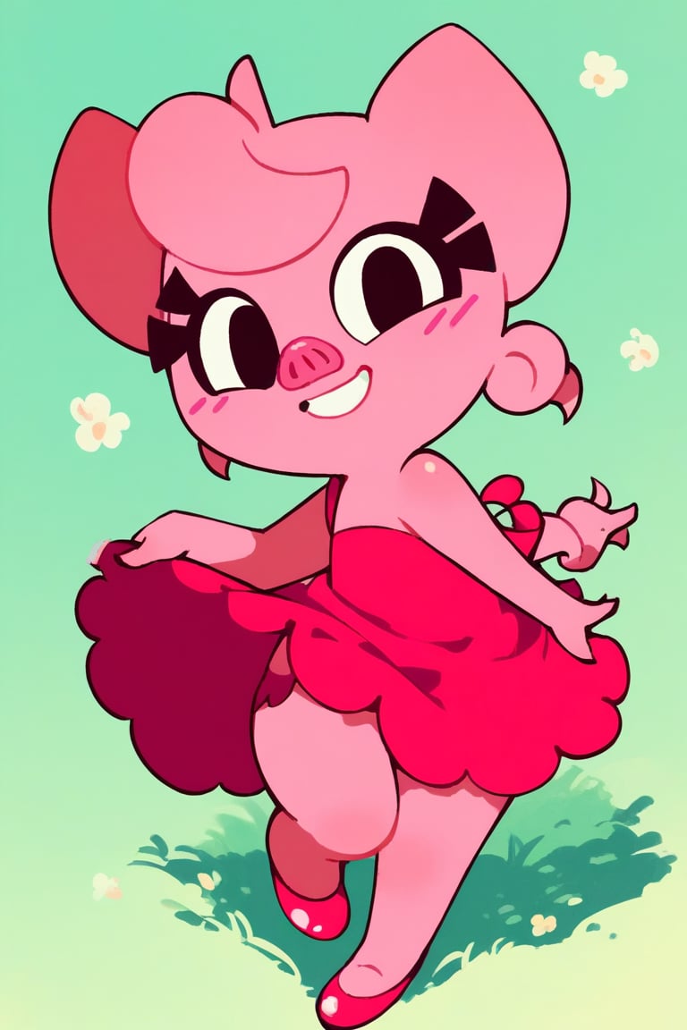  ,score_9, score_8_up, score_7_up, score_6_up,petmina, 1 pig girl,  red dress, red top ,smile , standing