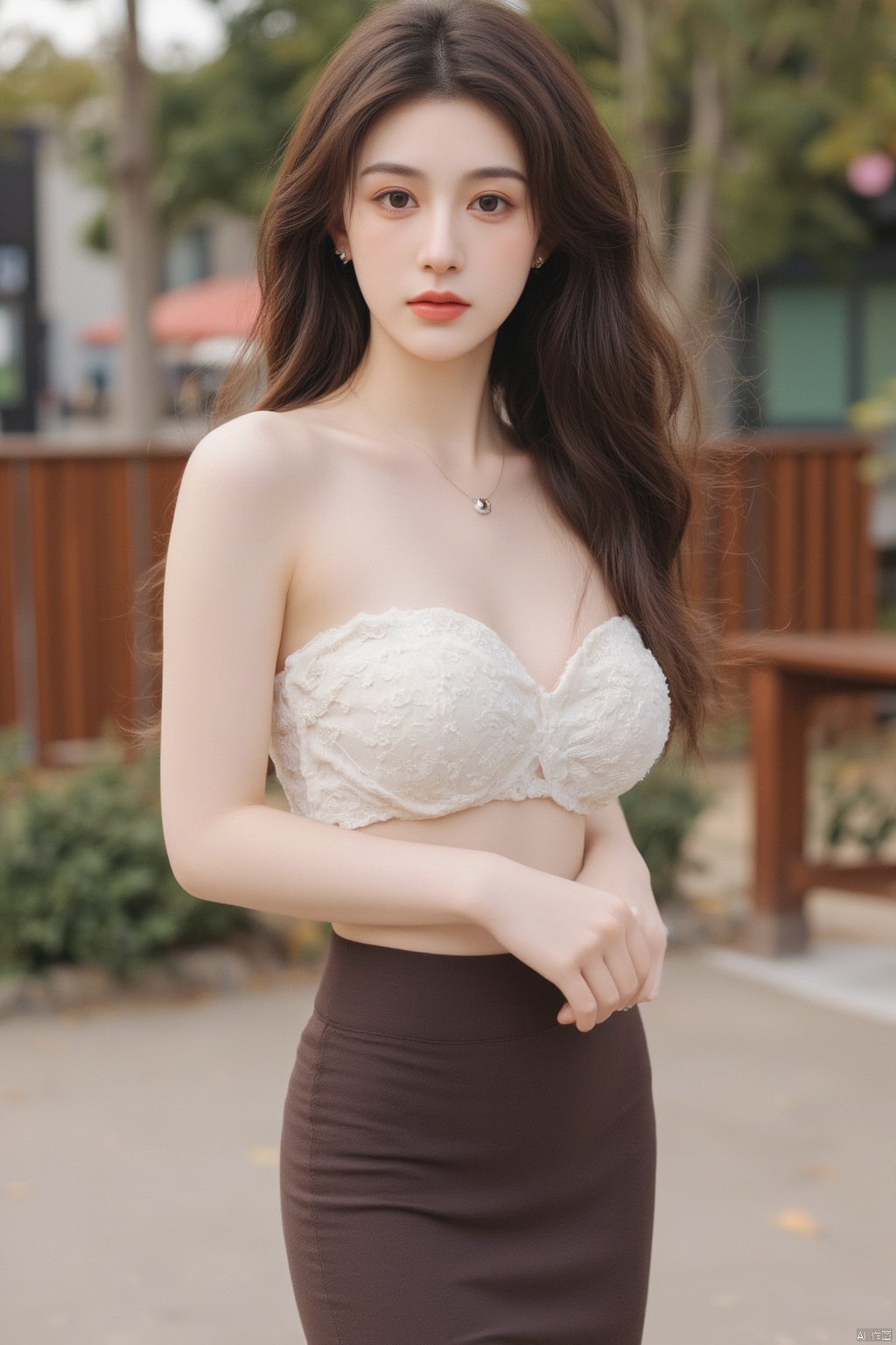 (photorealistic, best quality, ultra high res, extremely detailed eyes and face:1.3),(1girl, solo:1.3),skirt,jewelry,long_hair,necklace,earrings,(pantyhose:1.2),perfect body,standing,medium breasts,upper body,looking at viewer,(wide hips,narrow_waist),dress,outdoors, 