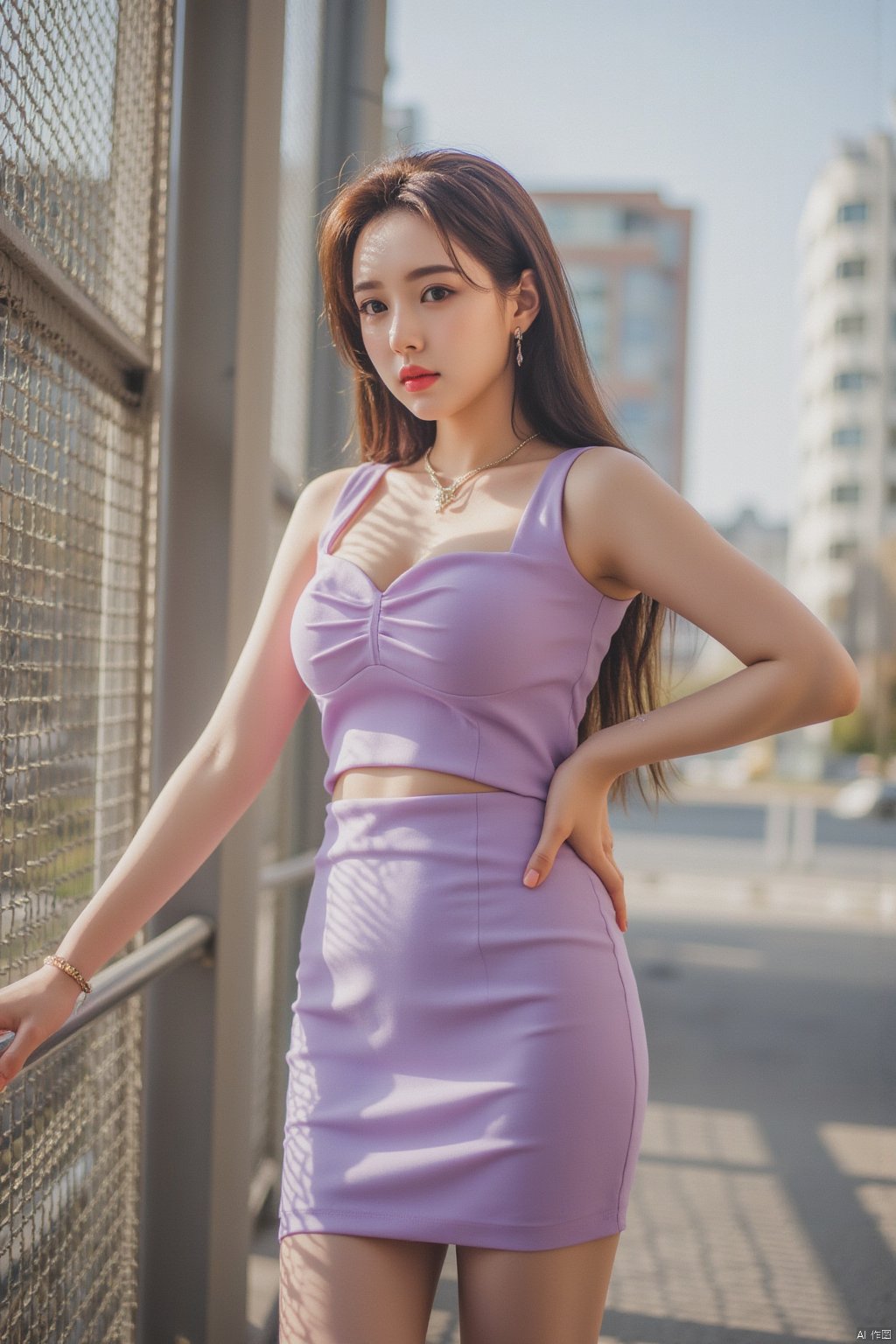 (photorealistic, best quality, ultra high res, extremely detailed eyes and face:1.3),(1girl, solo:1.3),skirt,jewelry,long_hair,necklace,earrings,(pantyhose:1.2),perfect body,standing,medium breasts,upper body,looking at viewer,(wide hips,narrow_waist),dress,outdoors, 