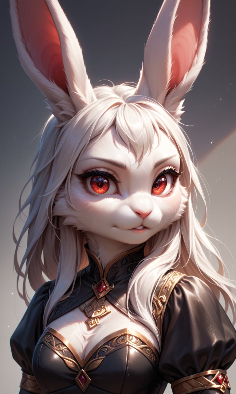 score_9, score_8_up, score_7_up, score_6_up, source_furry,BREAK,detailed face eyes and fur, 1girl, solo, rabbit girl, clothed, body fur, white rabbit, white fur, detailed fluffy fur, looking at viewer, red eyes, black dress, upper body