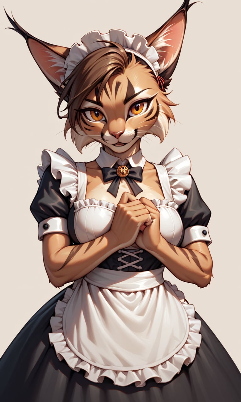 score_9, score_8_up, score_7_up, score_6_up, source_furry,BREAK,detailed face eyes and fur, looking at viewer, furry cat girl,maid,brown hair,caracalcat,caracal,ningmao