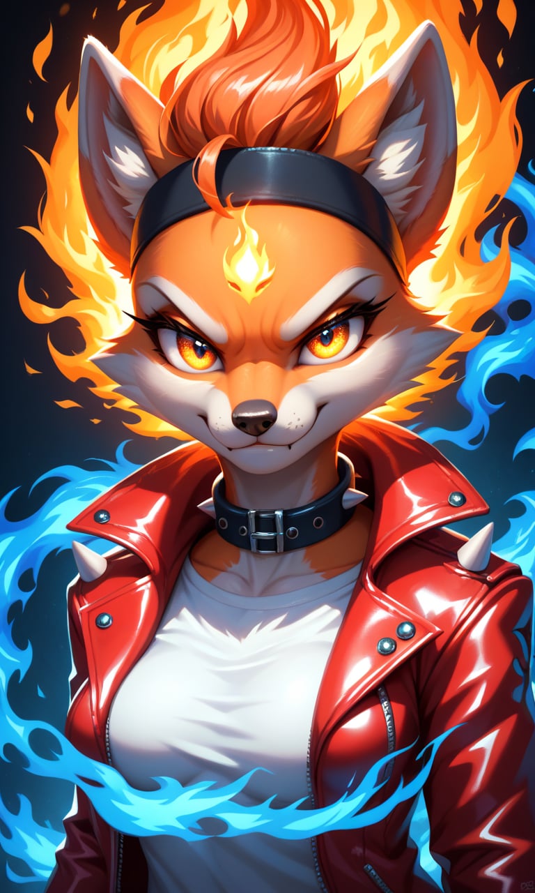 score_9, score_8_up, score_7_up, score_6_up, source_furry,BREAK,1girl, detailed face eyes and fur, 1girl, dark ambient, glow, (detailed fire background, blue fire AND red fire:1.1), anthro furry female fox, orange hair, glowing gradient orange yellow eyes, enface portrait, small, medium breasts, looking at viewer, intimidating, smirk, black headband, black collar with white spikes, flame hot red leather jacket, white shirt with fire logo, highly detailed, absurdres, cinematic lighting, soft, fluffy