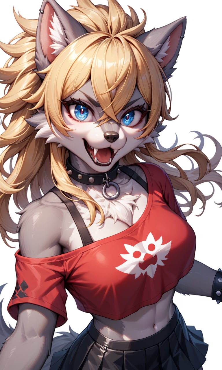 score_9, score_8_up, score_7_up, score_6_up, source_furry,BREAK,(detailed face eyes and fur:1.2), wolf furry girl,blonde,long hair,looking at viewer,crossed bangs,blue eyes,high detail eyes, black skirt, crop-top off-shoulder (red shirt:1.2), (high detail grey fur:1.2),punk collar, fur paws, white background, (dynamic angle, dynamic pose:1.2), floating hair, open mouth, fangs