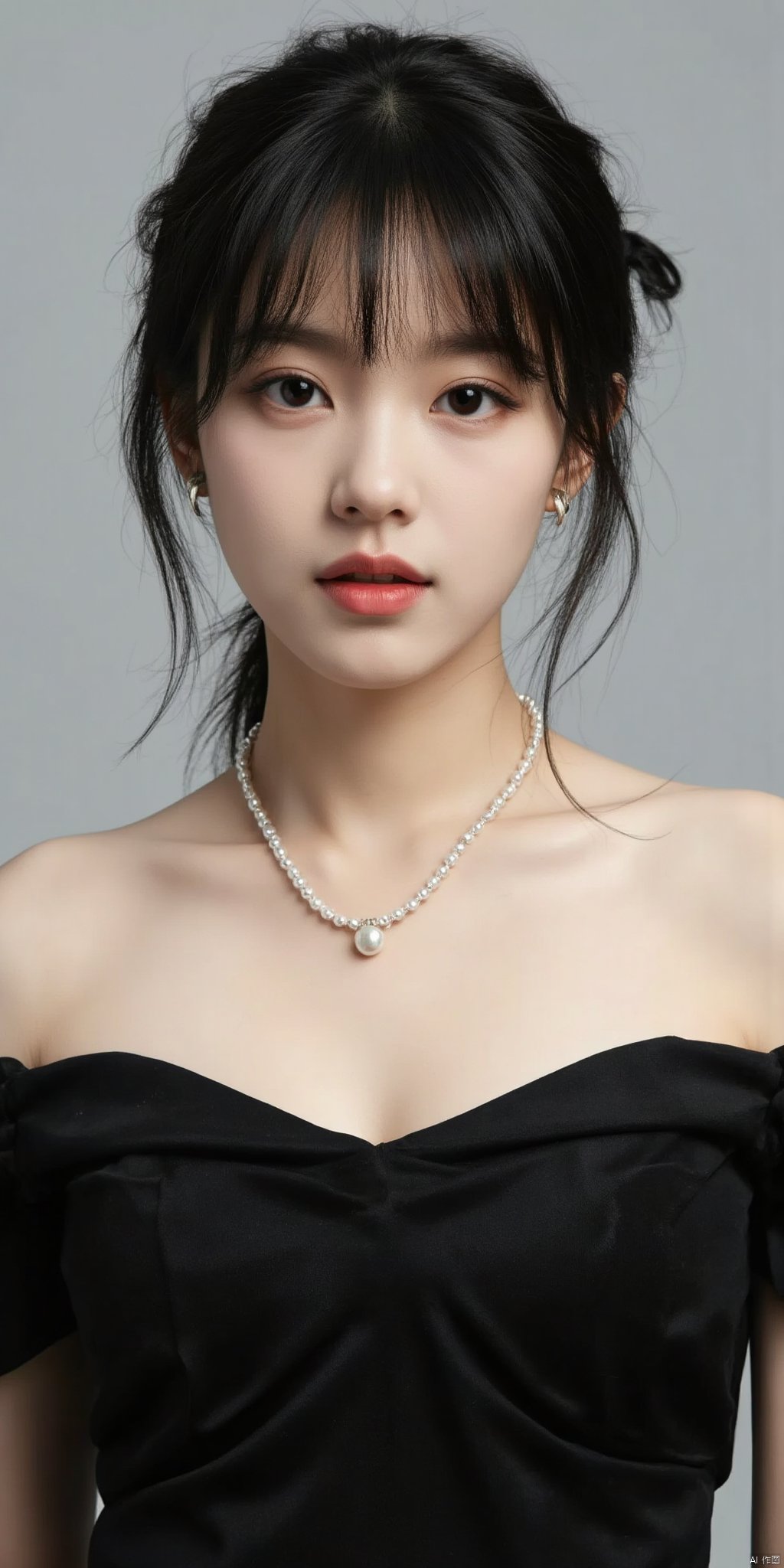 1girl, solo, short hair, black hair, dress, bare shoulders, jewelry, earrings, parted lips, necklace, black eyes, lips, realistic, nose, pearl necklace