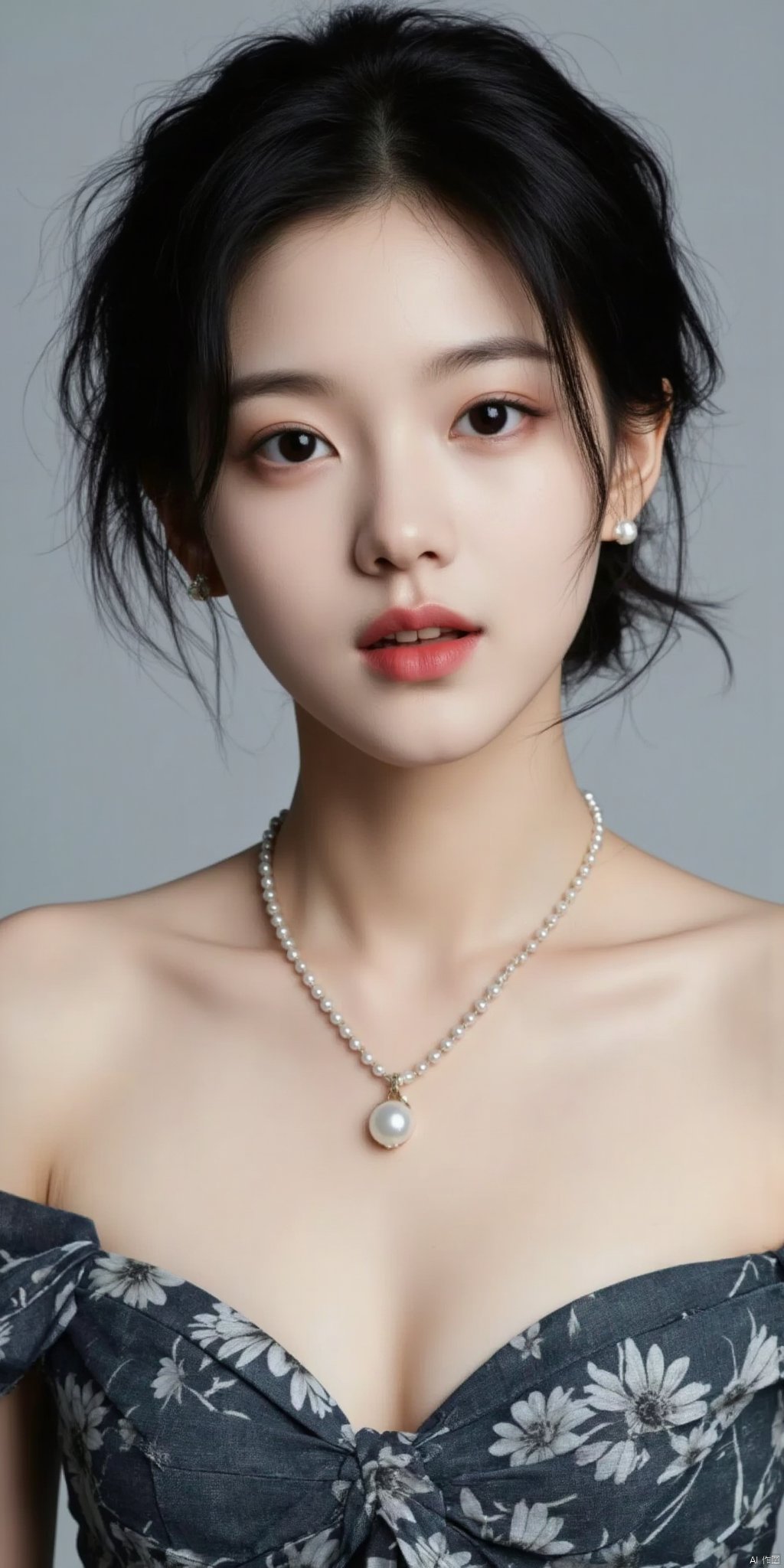 1girl, solo, short hair, black hair, dress, bare shoulders, jewelry, earrings, parted lips, necklace, black eyes, lips, realistic, nose, pearl necklace