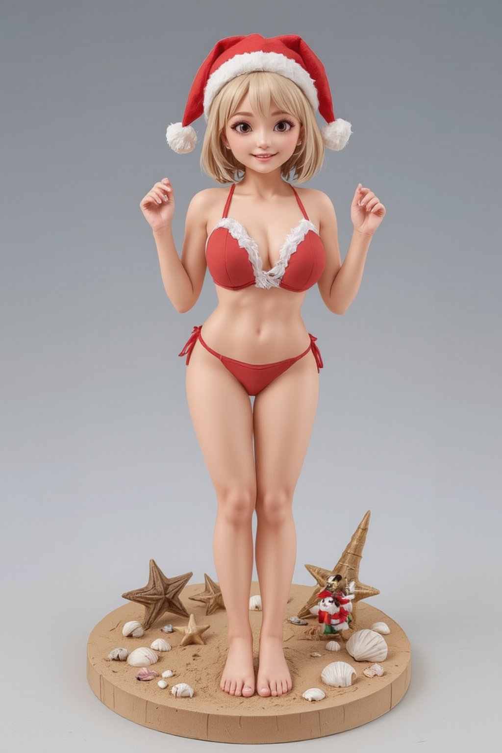 FuturEvoLabFigure, 
A fun anime-style figure of a girl in a Santa-inspired bikini, perfect for a tropical Christmas theme. She wears a red bikini with white fur trim and a Santa hat, her playful expression showing off her holiday cheer. The base is decorated with seashells, sand, and small Christmas decorations, adding a beachy twist to the holiday.