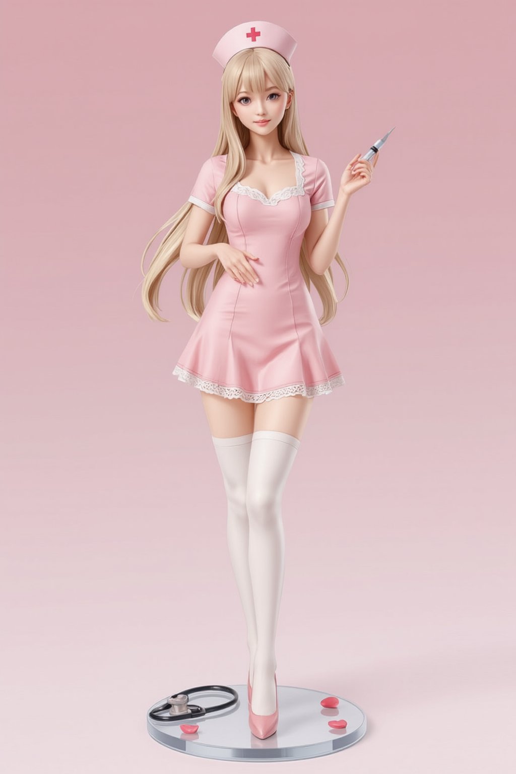 FuturEvoLabFigure, 
A high-quality anime-style figure of a stunning nurse, dressed in a cute and elegant pink nurse uniform. The figure features long, flowing hair cascading down her back, with a soft, gentle expression that exudes warmth and care. She is wearing a traditional nurse outfit, including a fitted pink dress with white accents and a matching pink nurse cap with a red cross emblem. Her dress is designed with delicate details, such as lace trim around the edges, and slightly flared at the hem, giving it a graceful, feminine touch. She holds a large syringe in one hand, giving her a slightly playful yet professional look, while the other hand gently rests at her side. Her stockings are white, paired with simple pink shoes, completing the professional yet cute appearance. The figure stands on a clear, minimalistic base with soft medical-themed elements, like a stethoscope and tiny red hearts, enhancing the nurturing, caring atmosphere. Her expression is kind and welcoming, making her appear as a compassionate and skilled nurse in a soft, pink-themed setting, 