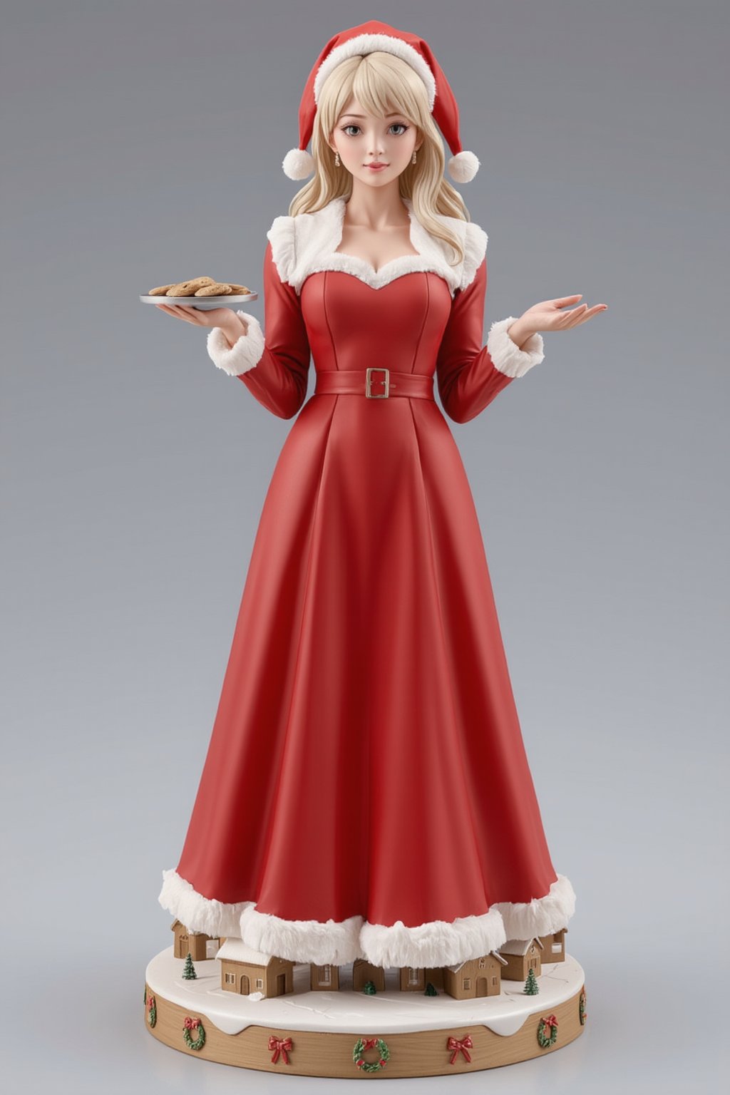 FuturEvoLabFigure, 
A charming anime-style figure of a girl in a classic Mrs. Claus outfit. She wears a long red gown with white fur trim, accessorized with a matching red hat and a belt. Her long hair is styled in soft waves, and she carries a tray of Christmas cookies. The base is decorated with gingerbread houses and festive wreaths, bringing a warm holiday feel.