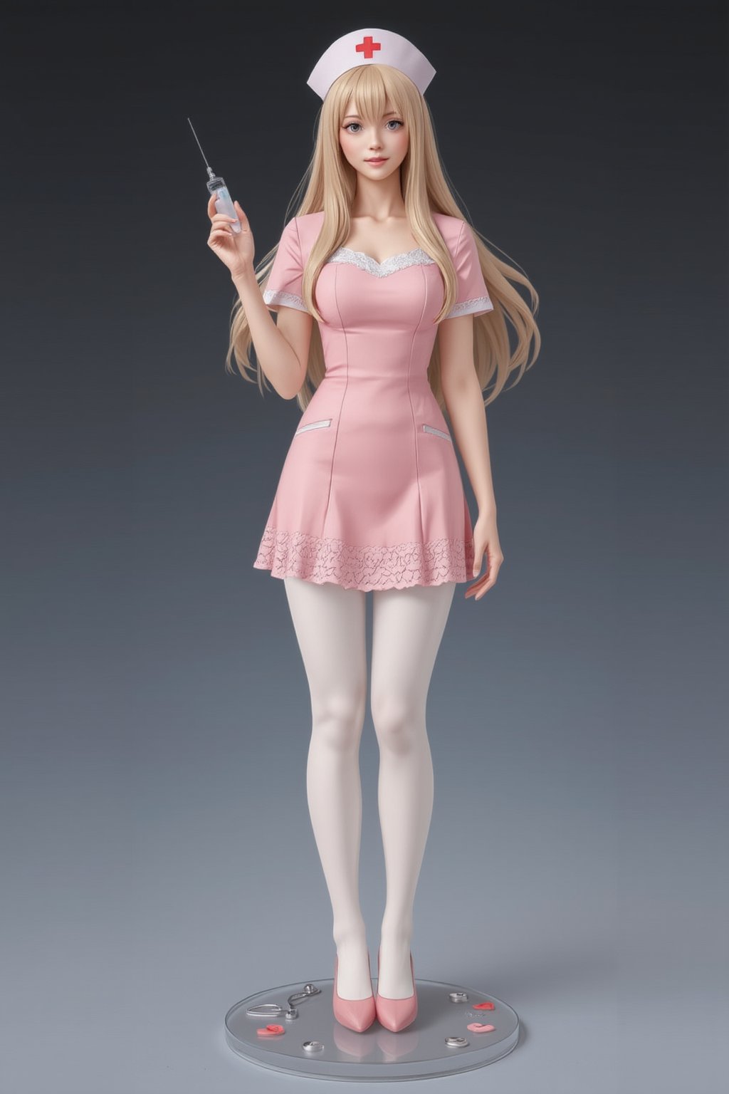 FuturEvoLabFigure, 
A high-quality anime-style figure of a stunning nurse, dressed in a cute and elegant pink nurse uniform. The figure features long, flowing hair cascading down her back, with a soft, gentle expression that exudes warmth and care. She is wearing a traditional nurse outfit, including a fitted pink dress with white accents and a matching pink nurse cap with a red cross emblem. Her dress is designed with delicate details, such as lace trim around the edges, and slightly flared at the hem, giving it a graceful, feminine touch. She holds a large syringe in one hand, giving her a slightly playful yet professional look, while the other hand gently rests at her side. Her stockings are white, paired with simple pink shoes, completing the professional yet cute appearance. The figure stands on a clear, minimalistic base with soft medical-themed elements, like a stethoscope and tiny red hearts, enhancing the nurturing, caring atmosphere. Her expression is kind and welcoming, making her appear as a compassionate and skilled nurse in a soft, pink-themed setting, 