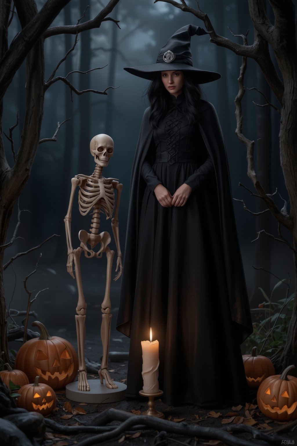 A witch in Halloween attire stands amidst a dark forest, surrounded by twisted tree branches and glowing jack-o-lanterns. She gazes down at a life-sized skeleton sculpture, its bony face illuminated by a flickering candle's soft light. The witch's black hat and cape billow in the eerie wind, as if summoned by the spirits of the dead,FuturEvoLabFigure