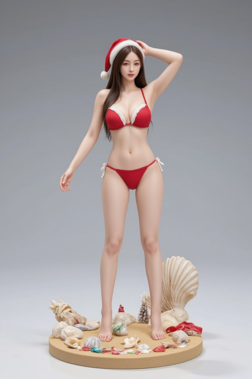 FuturEvoLabFigure, 
A fun anime-style figure of a girl in a Santa-inspired bikini, perfect for a tropical Christmas theme. She wears a red bikini with white fur trim and a Santa hat, her playful expression showing off her holiday cheer. The base is decorated with seashells, sand, and small Christmas decorations, adding a beachy twist to the holiday.