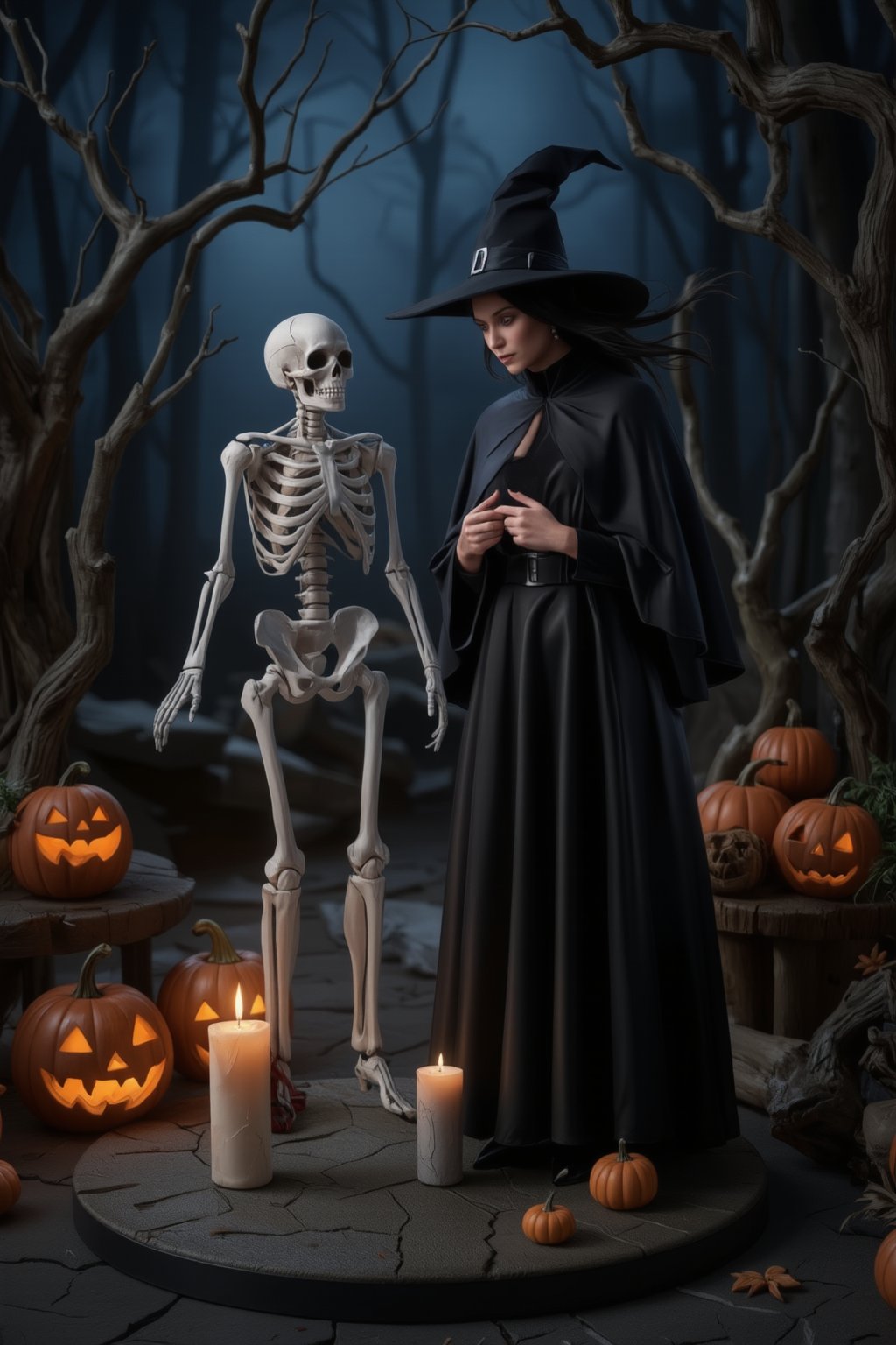 A witch in Halloween attire stands amidst a dark forest, surrounded by twisted tree branches and glowing jack-o-lanterns. She gazes down at a life-sized skeleton sculpture, its bony face illuminated by a flickering candle's soft light. The witch's black hat and cape billow in the eerie wind, as if summoned by the spirits of the dead,FuturEvoLabFigure