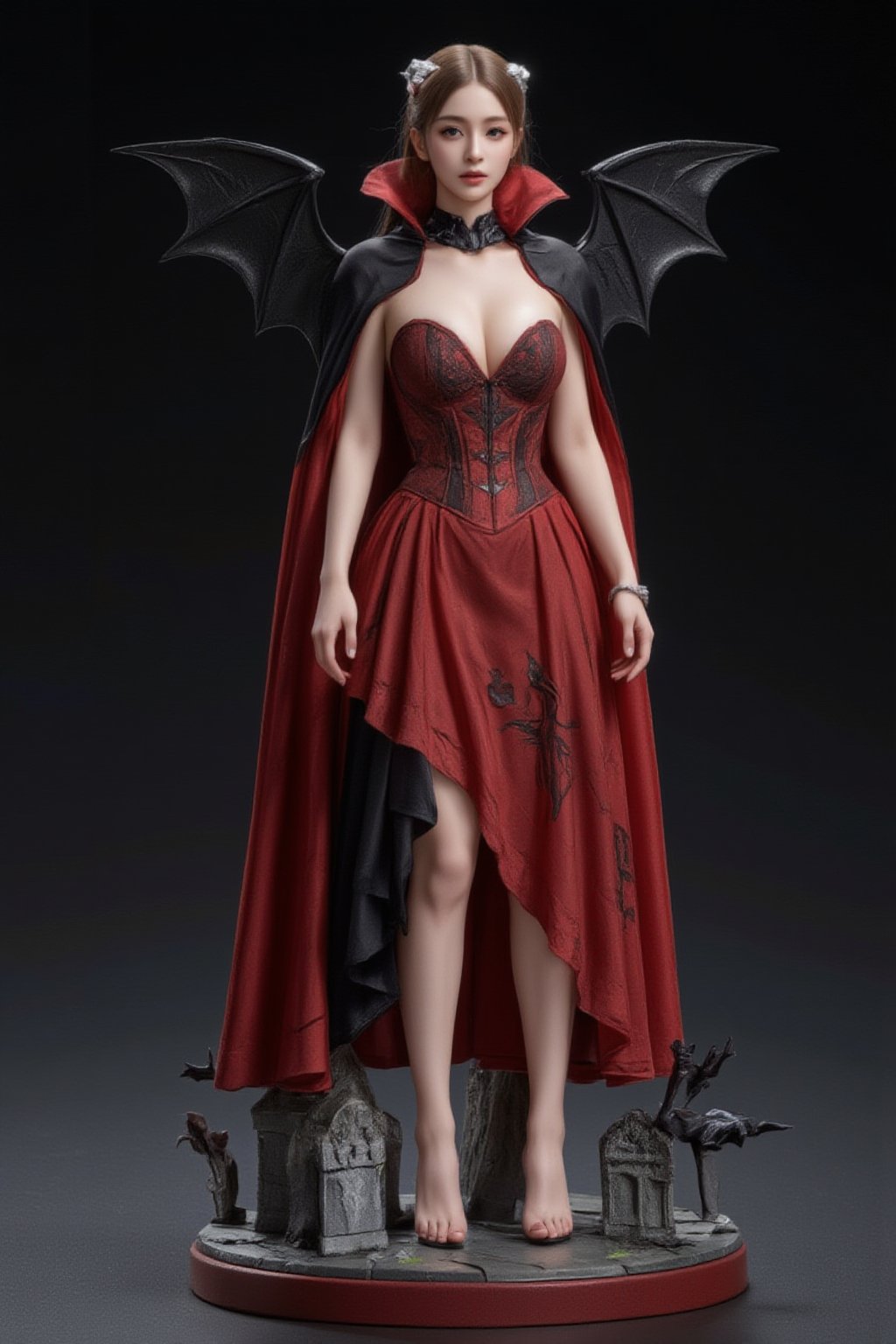 FuturEvoLabFigure, 
A high-quality anime-style figure of a girl dressed as a seductive vampire princess. She wears a red and black corset dress with a long cape and batwing details. Her fangs are visible, and her eyes glow with a mischievous red hue. The base features tombstones and bats, adding to the eerie atmosphere of her blood-thirsty allure.