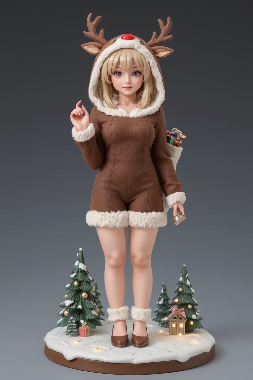 FuturEvoLabFigure, 
A cute anime-style figure of a girl in a cozy reindeer costume, complete with antlers and a red nose. She wears a brown, fuzzy outfit with white fur trim, and her playful expression adds to the festive charm. In one hand, she holds a small bell, while the other carries a sack of presents. The base is designed with snowy Christmas trees and glowing lights.