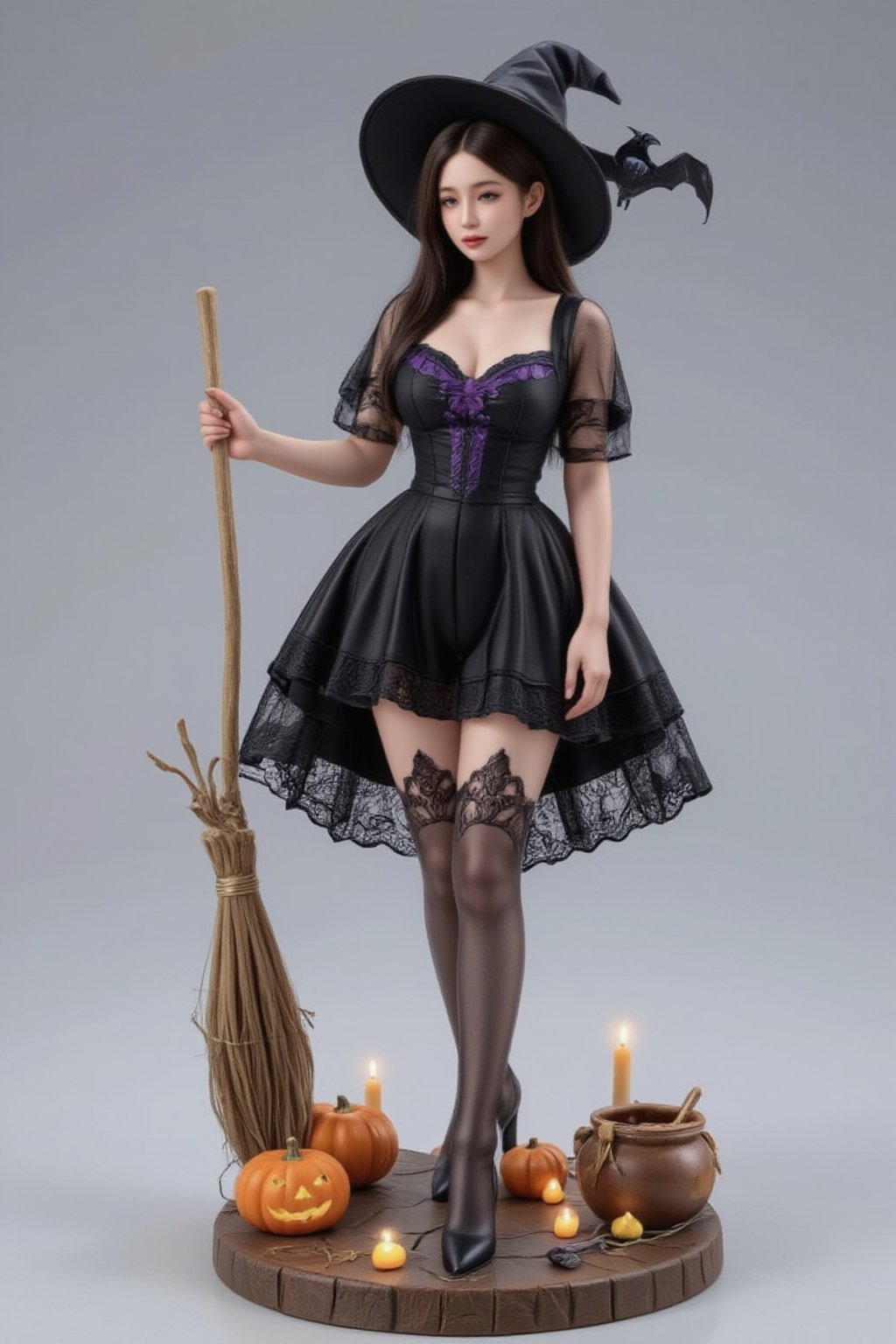 FuturEvoLabFigure, 
A fun anime-style figure of a girl in a classic witch outfit, perfect for a Halloween theme. She wears a black, flowing dress with purple accents and a large pointed witch hat. Her boots are thigh-high with intricate lace details, and she carries a broomstick in one hand, her playful expression adding a touch of charm to the spooky look. The base is decorated with pumpkins, cauldrons, and glowing candles, enhancing the magical Halloween vibe.