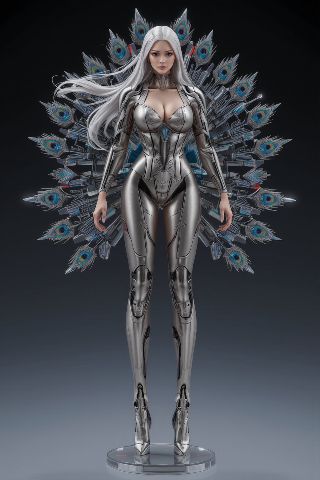 FuturEvoLabFigure, 
A high-quality, full-body anime-style figure of a stunningly beautiful Peacock Empress, standing tall with her majestic mechanical peacock tail fully fanned out behind her. The figure features long, flowing white hair and a curvaceous, seductive figure, entirely composed of intricate, precision-engineered mechanical components. Her peacock feathers are made of colorful metallic materials, each feather designed with a delicate blend of rainbow-colored metallic and translucent stained glass elements, giving her an otherworldly and futuristic beauty. Her body is crafted from various mechanical parts, with a matte finish and an industrial, circuit-like design that runs throughout her form, creating a harmonious blend of machinery and elegance.

Her long, graceful arms and legs are layered with multi-level, semi-transparent mechanical components, reflecting the complexity of her futuristic, biomechanical nature. The figure stands on a clear, minimalistic base to emphasize the beauty of her peacock feathers, which are shown in a close-up, with intricate detailing of each mechanical feather and delicate circuits visible in a micro-shot view. The entire piece is inspired by the futuristic, mechanical realism of Sophie Wilkins and Patricia Piccinini, evoking a fusion of futurism and industrial aesthetics. The figure is rendered in ultra-high-definition, capturing every minute mechanical detail and transparent, immersive textures. The overall style is one of mechanical realism and futuristic beauty, perfect for collectors of sophisticated and futuristic designs.