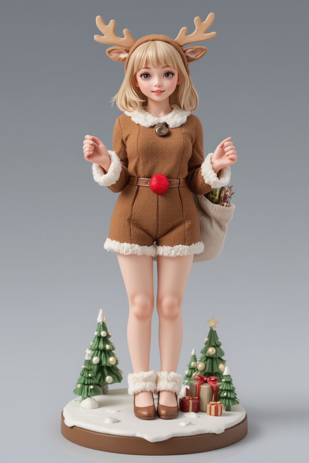 FuturEvoLabFigure, 
A cute anime-style figure of a girl in a cozy reindeer costume, complete with antlers and a red nose. She wears a brown, fuzzy outfit with white fur trim, and her playful expression adds to the festive charm. In one hand, she holds a small bell, while the other carries a sack of presents. The base is designed with snowy Christmas trees and glowing lights.