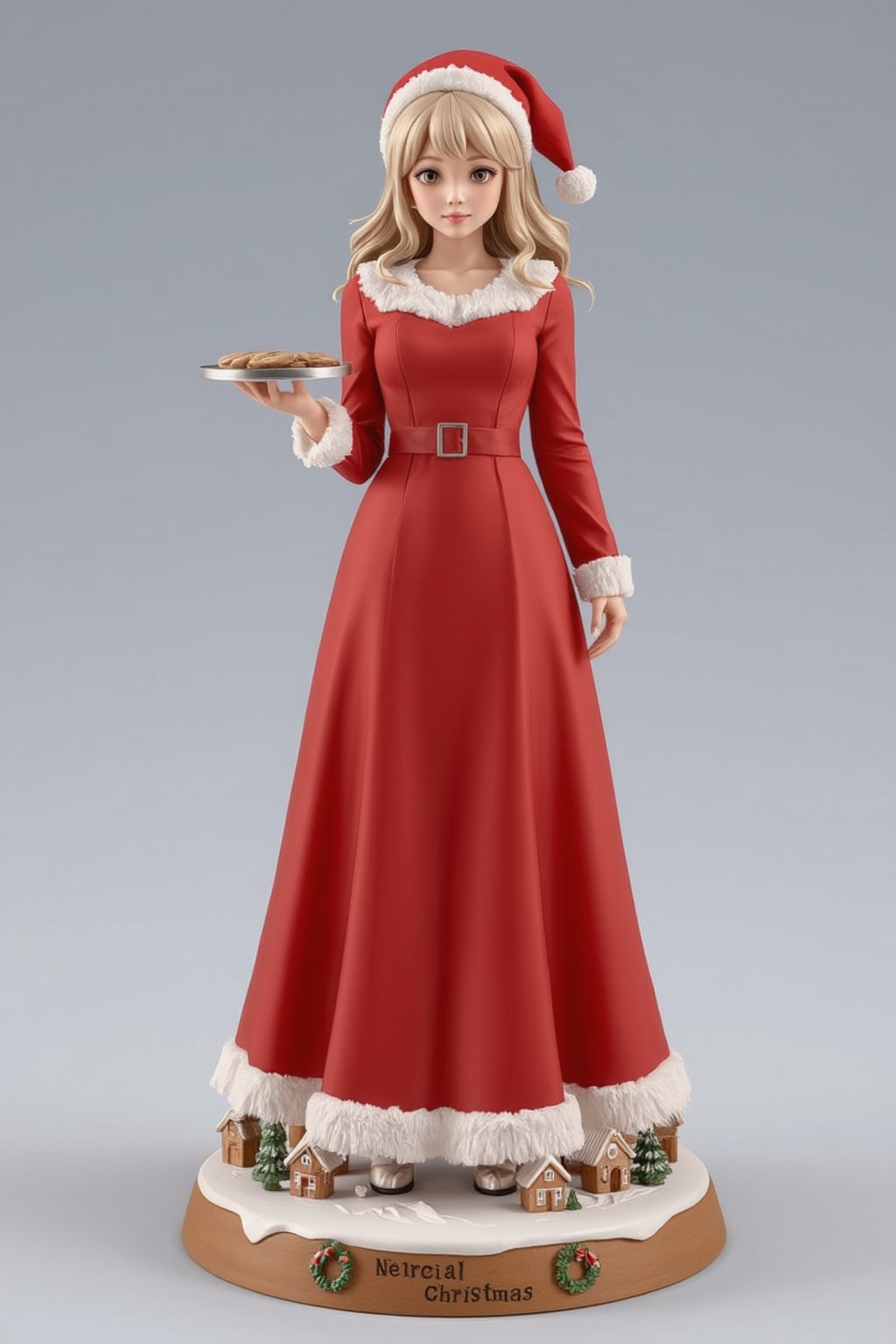 FuturEvoLabFigure, 
A charming anime-style figure of a girl in a classic Mrs. Claus outfit. She wears a long red gown with white fur trim, accessorized with a matching red hat and a belt. Her long hair is styled in soft waves, and she carries a tray of Christmas cookies. The base is decorated with gingerbread houses and festive wreaths, bringing a warm holiday feel.