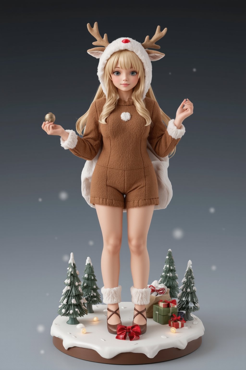 FuturEvoLabFigure, 
A cute anime-style figure of a girl in a cozy reindeer costume, complete with antlers and a red nose. She wears a brown, fuzzy outfit with white fur trim, and her playful expression adds to the festive charm. In one hand, she holds a small bell, while the other carries a sack of presents. The base is designed with snowy Christmas trees and glowing lights.