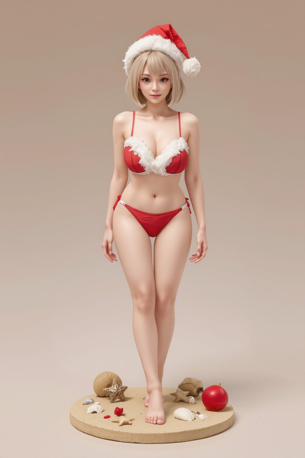 FuturEvoLabFigure, 
A fun anime-style figure of a girl in a Santa-inspired bikini, perfect for a tropical Christmas theme. She wears a red bikini with white fur trim and a Santa hat, her playful expression showing off her holiday cheer. The base is decorated with seashells, sand, and small Christmas decorations, adding a beachy twist to the holiday.