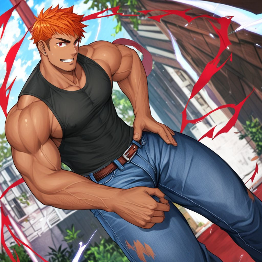 score_9, score_8_up, score_7_up, score_6_up, score_5_up, score_4_up, source_anime, detailed background, perfect proportion, perfect anatomy, high res, (zPDXL3), negative_hand, 
BREAK, 
male focus, bara, 2boys, bara,muscular male, short hair, orange hair, sideburn, red eyes,  smile, pectorals, hairy male, clothed, jeans, vest, campus