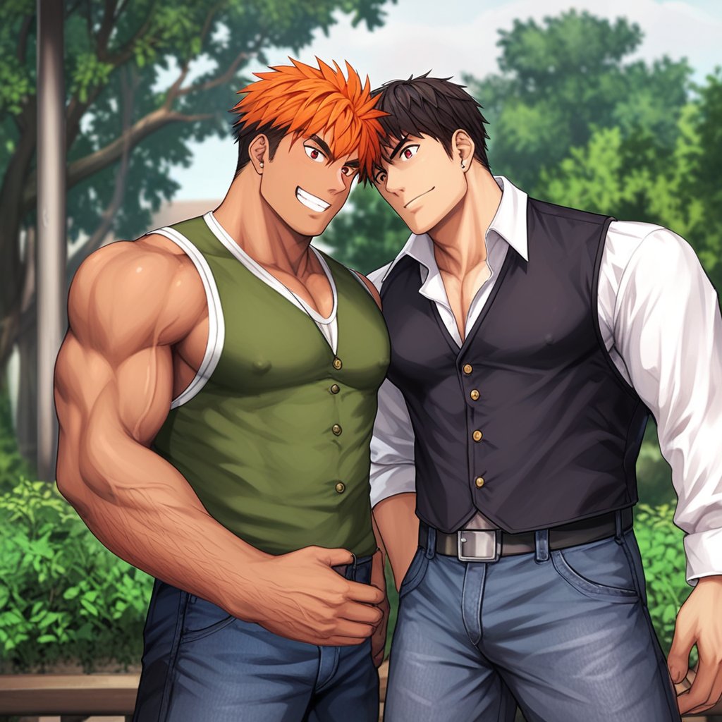 score_9, score_8_up, score_7_up, score_6_up, score_5_up, score_4_up, source_anime, detailed background, perfect proportion, perfect anatomy, high res, (zPDXL3), negative_hand, 
BREAK, 
male focus, bara, 2boys, bara,muscular male, short hair, orange hair, sideburn, red eyes,  smile, pectorals, hairy male, clothed, jeans, vest, campus