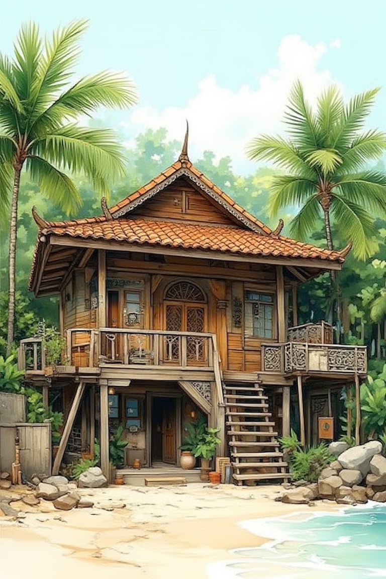 A serene Malaysian-style house sits precariously close to the shoreline, its wooden panels weathered to a warm brown. coconut trees sway gently in the breeze, their fronds rustling against the roof's curved tiles. The door, adorned with intricate carvings, creaks open onto a sandy beach, where waves caress the shore.,Watercolor architecture