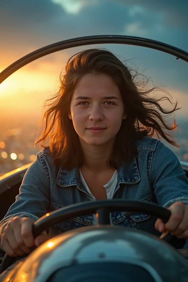 A dynamic close-up shot of a super-powered girl, her eyes glowing with energy, maneuvering a sleek, futuristic light ship in the sky. The ship is illuminated by the golden hour sunlight, casting a warm glow on her determined face. She is in a dynamic pose, hands gripping the controls, with the vast expanse of the sky and distant cityscape visible through the cockpit window. The composition is balanced, with the girl and ship at the center, framed by the glowing sky and city lights below.