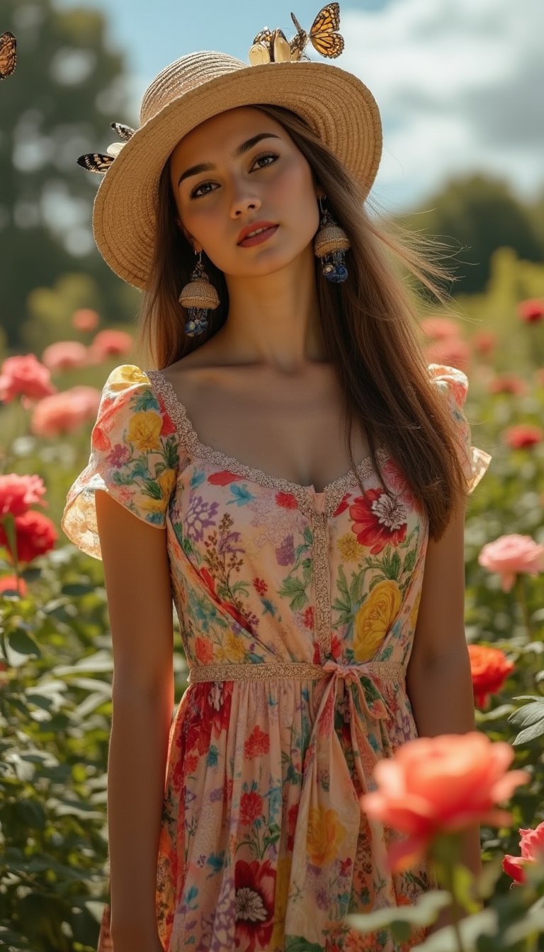 professional photo of tv_Alina_Sanko_M, , , serene expression, wearing an elegant colorful summerdress, walking through an ornate rose garden, noon, summer, colorful butterflies, ((cowboy shot)),, 8k resolution, highres, high detail, sharp focus, detailed skin, 8k uhd, bokeh, analog photography