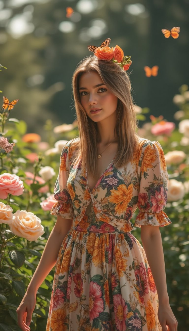 professional photo of tv_Alina_Sanko_M, , , serene expression, wearing an elegant colorful summerdress, walking through an ornate rose garden, noon, summer, colorful butterflies, ((cowboy shot)),, 8k resolution, highres, high detail, sharp focus, detailed skin, 8k uhd, bokeh, analog photography