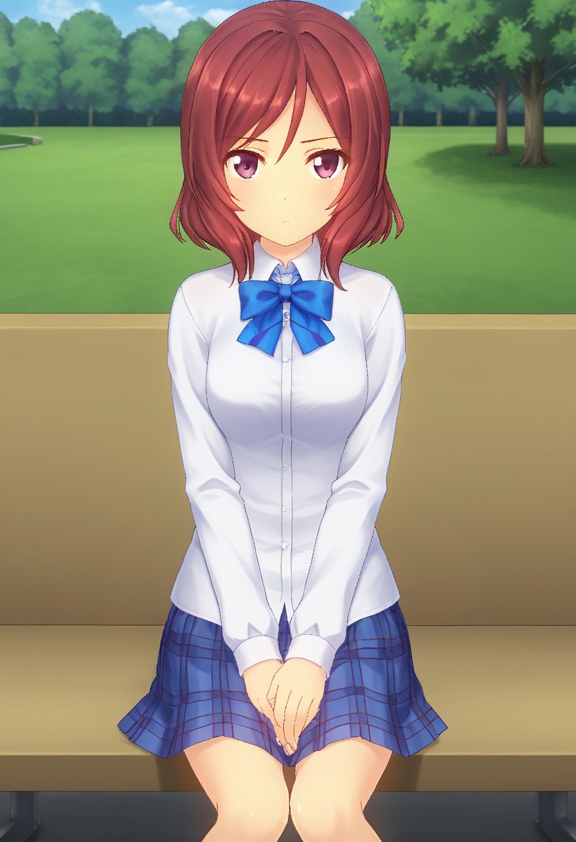 1girl, solo, makinomisomi, red hair, short hair, purple eyes, white shirt, long sleeves, neck bow, blue bow, plaid skirt, outdoors, park, sitting, looking at viewer, expressionless,
