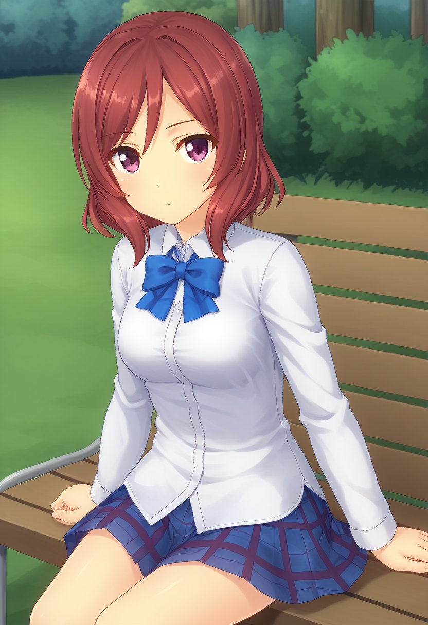 1girl, solo, makinomisomi, red hair, short hair, purple eyes, white shirt, long sleeves, neck bow, blue bow, plaid skirt, outdoors, park, sitting, looking at viewer, expressionless,
