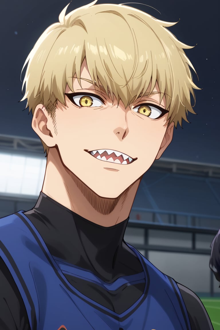 score_9, score_8_up, score_7_up, score_6_up, score_5_up, score_4_up, source_anime, Expressiveh, male focus, solo, mature male, upper body, looking at viewer, 1boy, yellow eyes, blonde hair, sharp teeth,sportswear, bodysuit, 1boy, socks, yellow eyes, blonde hair, sharp teeth 