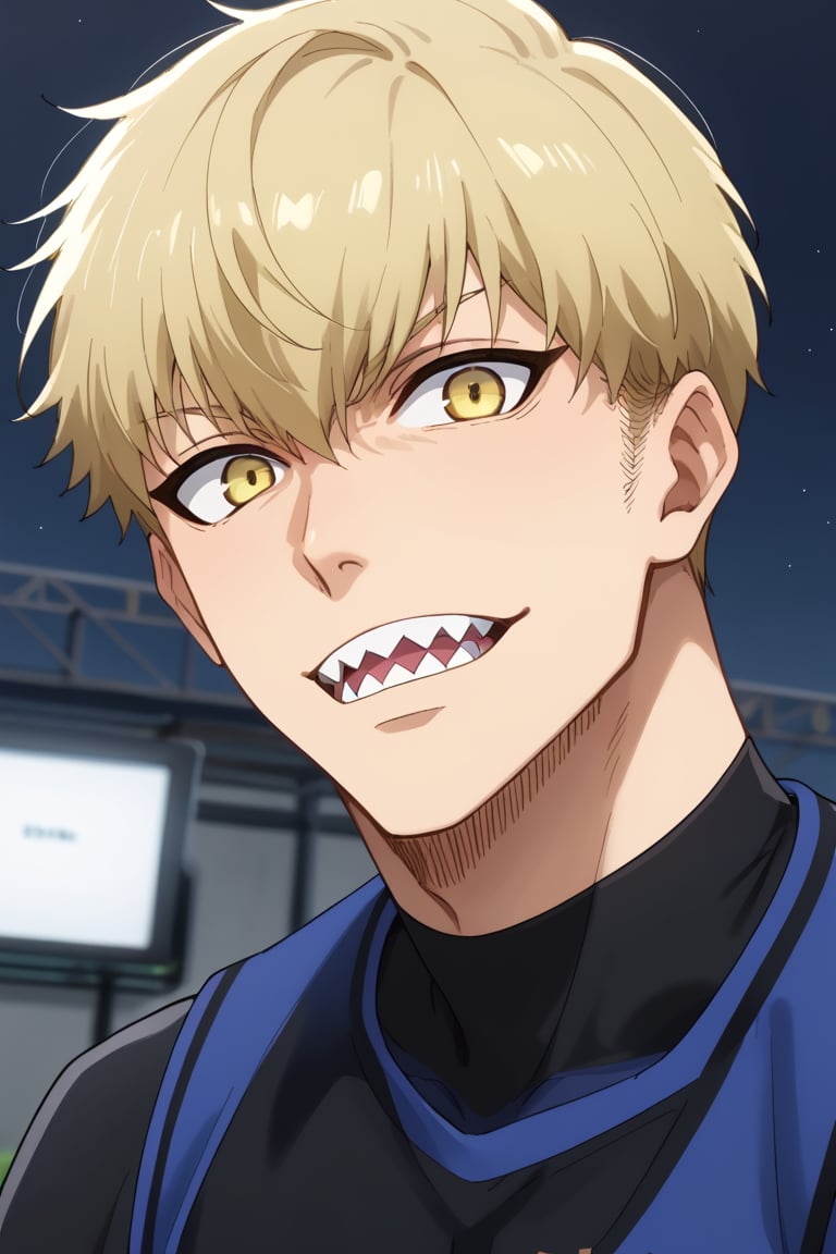 score_9, score_8_up, score_7_up, score_6_up, score_5_up, score_4_up, source_anime, Expressiveh, male focus, solo, mature male, upper body, looking at viewer, 1boy, yellow eyes, blonde hair, sharp teeth,sportswear, bodysuit, 1boy, socks, yellow eyes, blonde hair, sharp teeth 