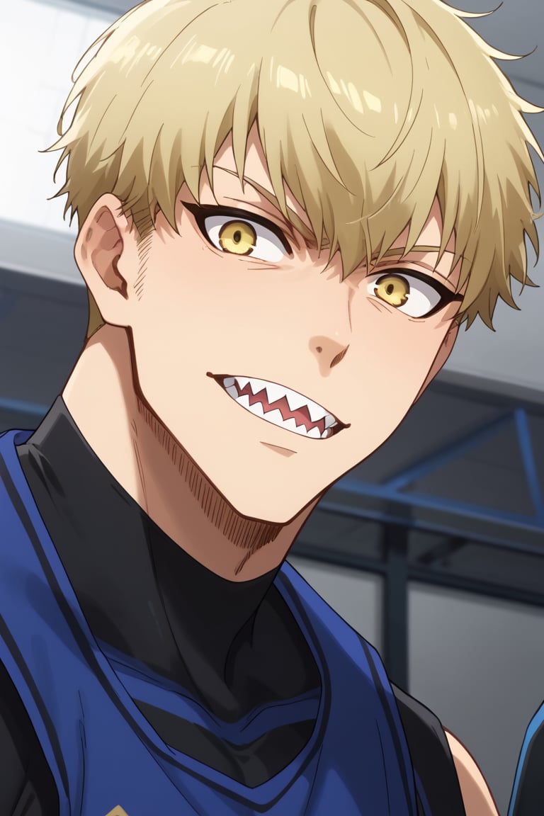 score_9, score_8_up, score_7_up, score_6_up, score_5_up, score_4_up, source_anime, Expressiveh, male focus, solo, mature male, upper body, looking at viewer, 1boy, yellow eyes, blonde hair, sharp teeth,sportswear, bodysuit, 1boy, socks, yellow eyes, blonde hair, sharp teeth 