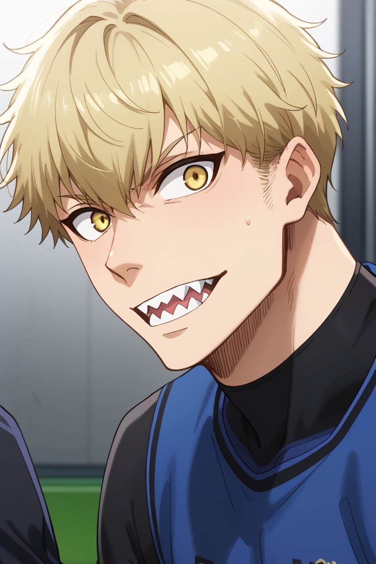 score_9, score_8_up, score_7_up, score_6_up, score_5_up, score_4_up, source_anime, Expressiveh, male focus, solo, mature male, upper body, looking at viewer, 1boy, yellow eyes, blonde hair, sharp teeth,sportswear, bodysuit, 1boy, socks, yellow eyes, blonde hair, sharp teeth 