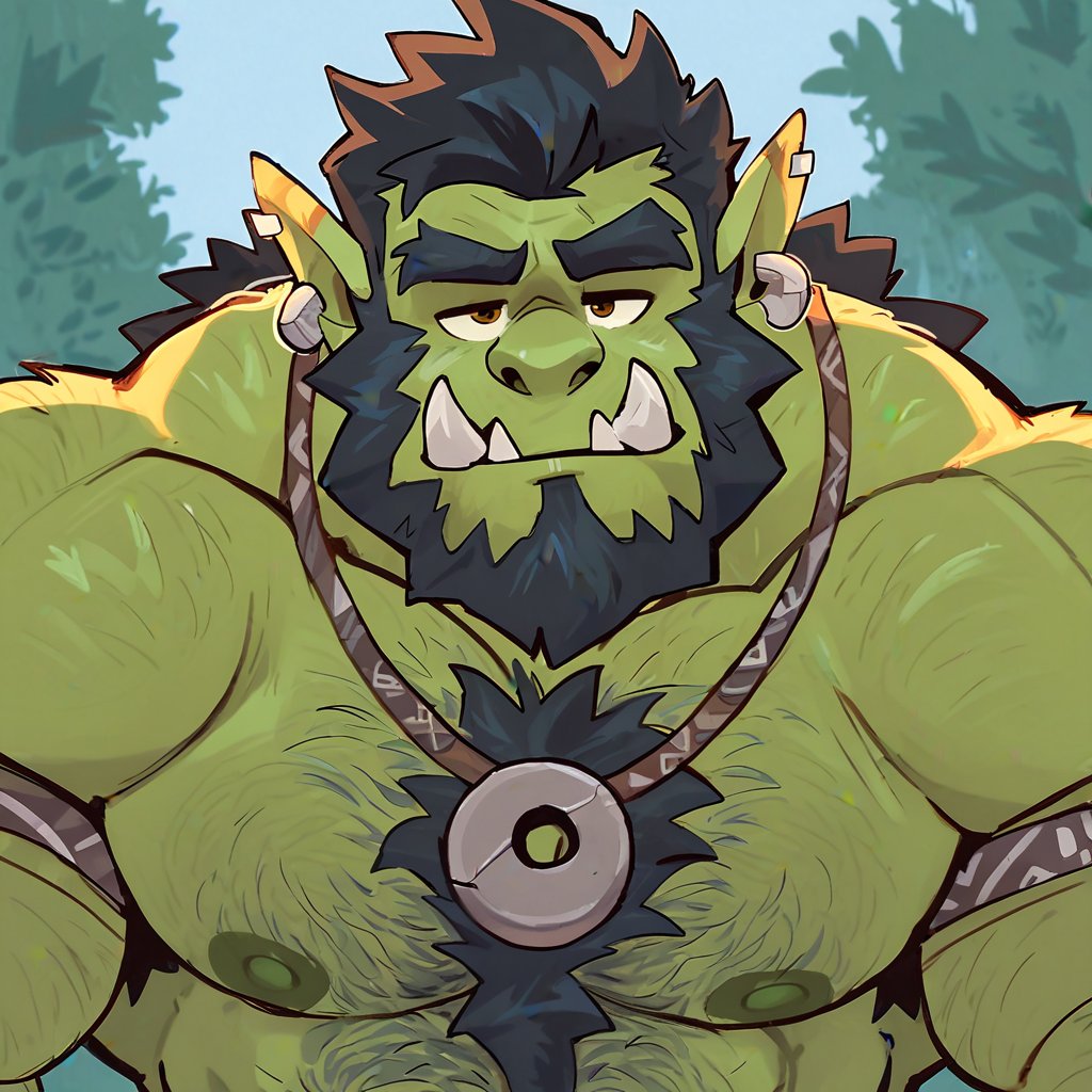 overcyan, 1boy, bara, beard, black hair, chest tuft, colored skin, earrings, extra tusks, facial hair, full beard, green skin, head tilt, jewelry, large pectorals, male focus, mature male, monster boy, muscular, muscular male, necklace, orc, outdoors, pectorals, pointy ears, short hair, solo, thick beard, thick chest hair, tooth necklace, tribal, tsurime, tusks, hi res, masterpiece