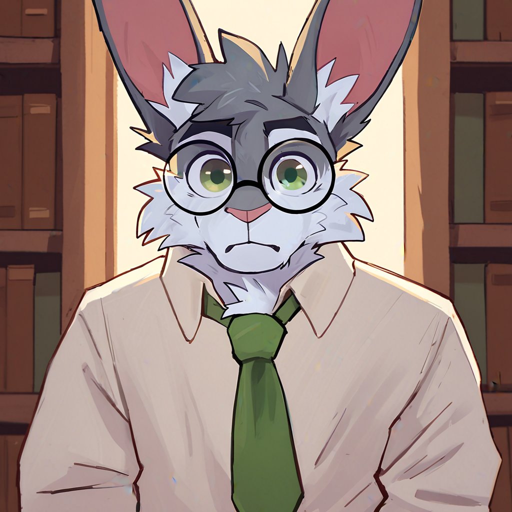 overcyan, lagomorph, leporid, mammal, rabbit, anthro, brown clothing, brown topwear, cheek tuft, clothed, clothing, detailed background, eyewear, facial tuft, front view, fur, glasses, glistening, glistening eyes, green eyes, green necktie, grey body, grey fur, head tuft, inside, library, looking at viewer, male, mouth closed, necktie, pink nose, round glasses, solo, topwear, tuft, white body, white clothing, white fur, white topwear, hi res, masterpiece 