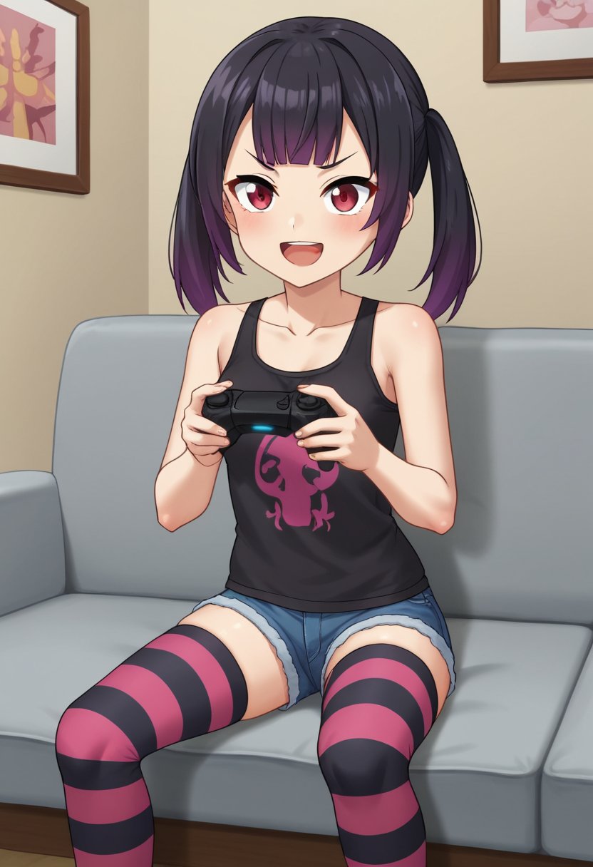 2d, anime screencap, 1girl, solo, mihamamiusanjiku, black hair, purple hair, multicolored hair, gradient hair, blunt bangs, twintails, red eyes,black tanktop, denim shorts, purple thighhighs, striped thighhighs, open mouth, smile, sitting, sofa, holding, gaming controller, indoors, living room