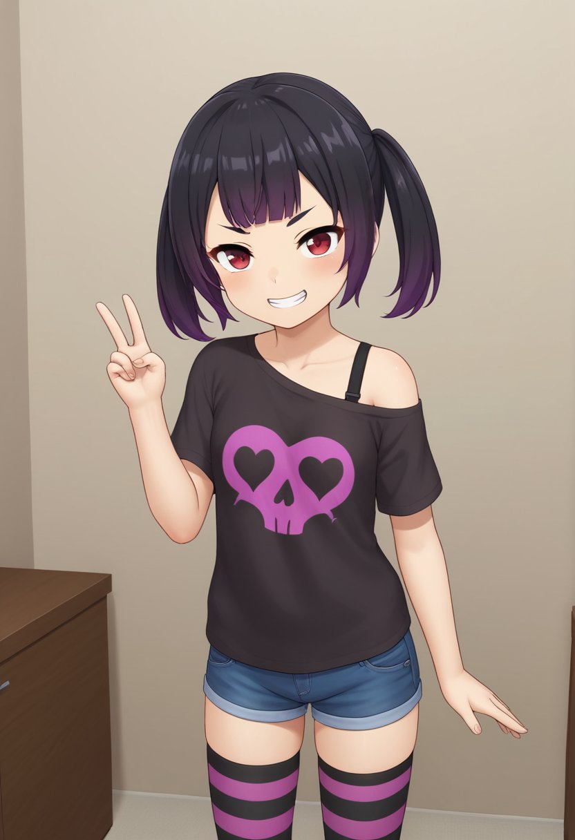 1girl, solo, mihamamiusanjiku, black hair, purple hair, multicolored hair, gradient hair, blunt bangs, twintails, red eyes, t-shirt, print shirt,heart print, start print, skull print, short sleeves, off shoulder, black bra, denim shorts, purple thighhighs, striped thighhighs, grin, smile, v over eye, standing, indoors, wall, cowboy shot