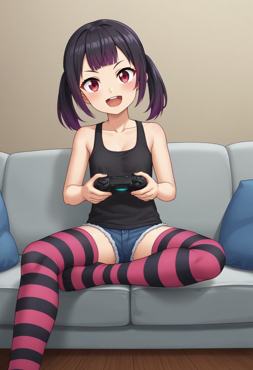 2d, anime screencap, 1girl, solo, mihamamiusanjiku, black hair, purple hair, multicolored hair, gradient hair, blunt bangs, twintails, red eyes,black tanktop, denim shorts, purple thighhighs, striped thighhighs, open mouth, smile, sitting, sofa, holding, gaming controller, indoors, living room