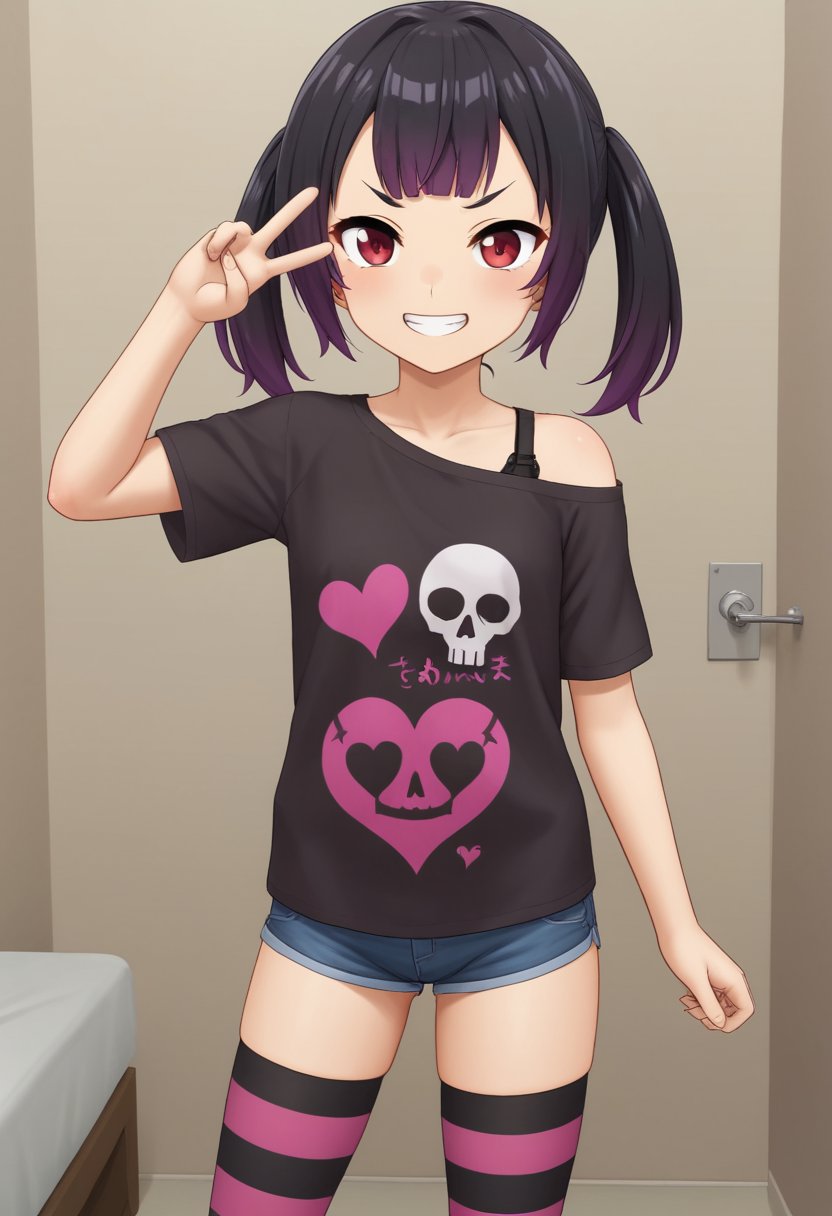 1girl, solo, mihamamiusanjiku, black hair, purple hair, multicolored hair, gradient hair, blunt bangs, twintails, red eyes, t-shirt, print shirt,heart print, start print, skull print, short sleeves, off shoulder, black bra, denim shorts, purple thighhighs, striped thighhighs, grin, smile, v over eye, standing, indoors, wall, cowboy shot