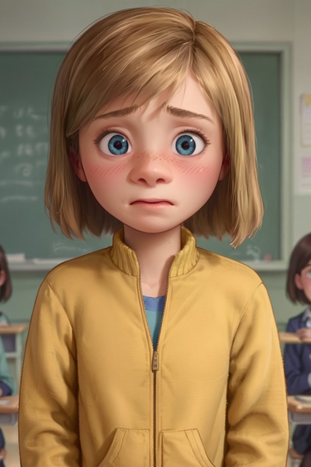 score_9, score_8_up, score_7_up, score_6_up, score_5_up, score_4_up, 1girl, Riley_1, portrait, short hair, classroom, standing, yellow jacket, embarrassed, blushing 