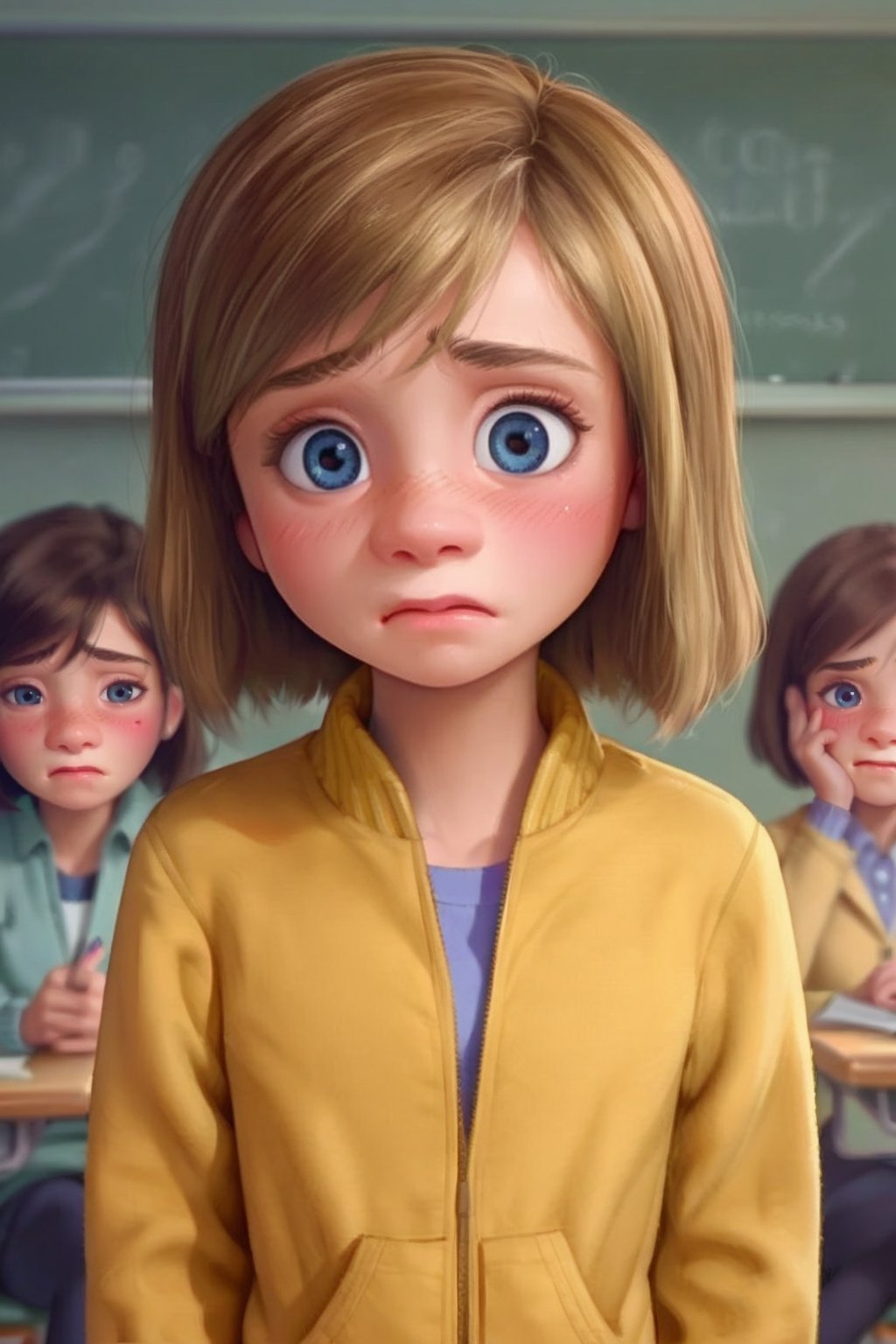 score_9, score_8_up, score_7_up, score_6_up, score_5_up, score_4_up, 1girl, Riley_1, portrait, short hair, classroom, standing, yellow jacket, embarrassed, blushing 