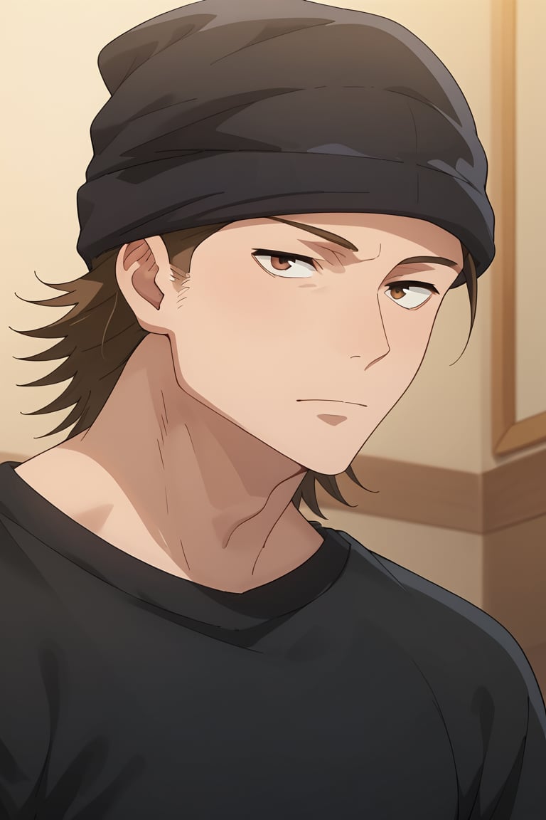 score_9, score_8_up, score_7_up, score_6_up, score_5_up, score_4_up, source_anime, Expressiveh, male focus, solo, mature male, upper body, looking at viewer, 1boy,beanie, brown hair, Brown hair, brown eyes