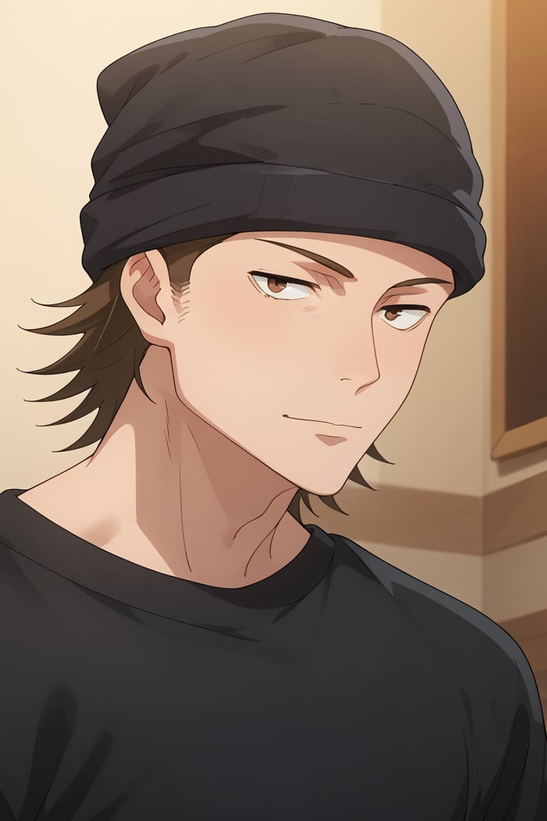 score_9, score_8_up, score_7_up, score_6_up, score_5_up, score_4_up, source_anime, Expressiveh, male focus, solo, mature male, upper body, looking at viewer, 1boy,beanie, brown hair, Brown hair, brown eyes